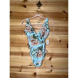 Wrap-Front High Coverage One Piece Swimsuit - Kona Sol light blue Tropical Print